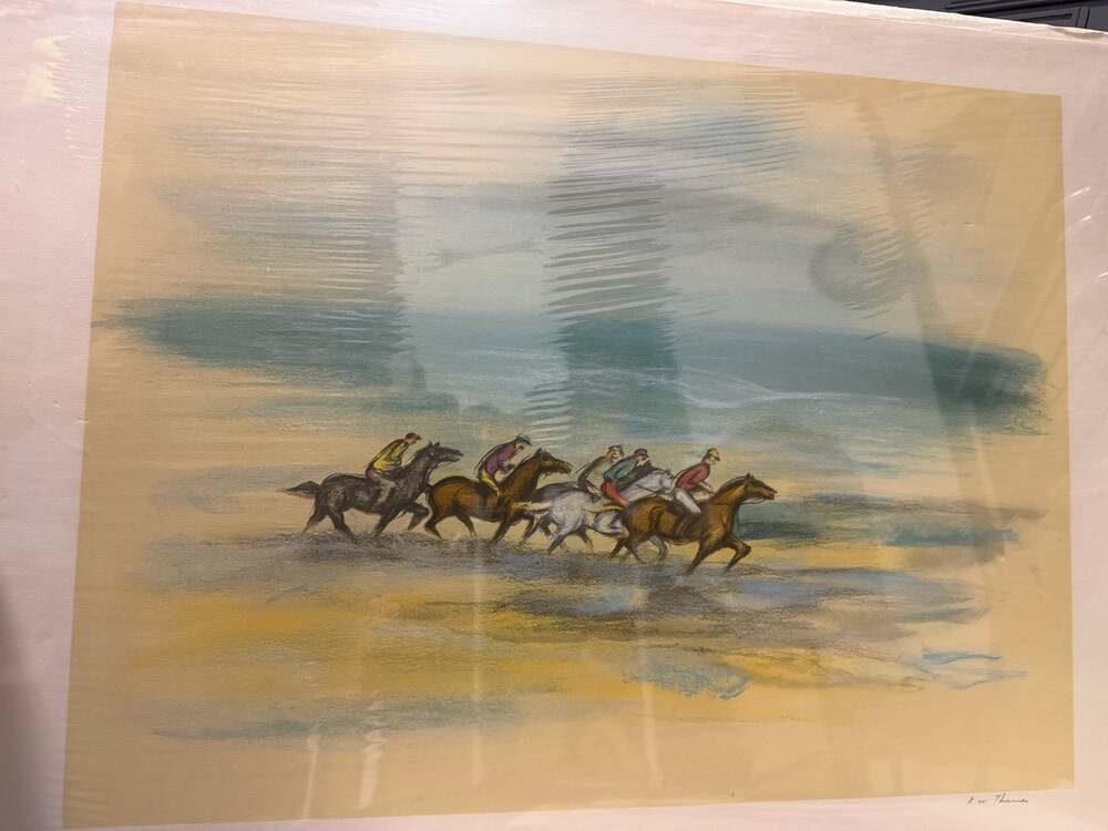 Signed Artwork "Horses" by K.W. Thomas Jockeys Racing on Horseback